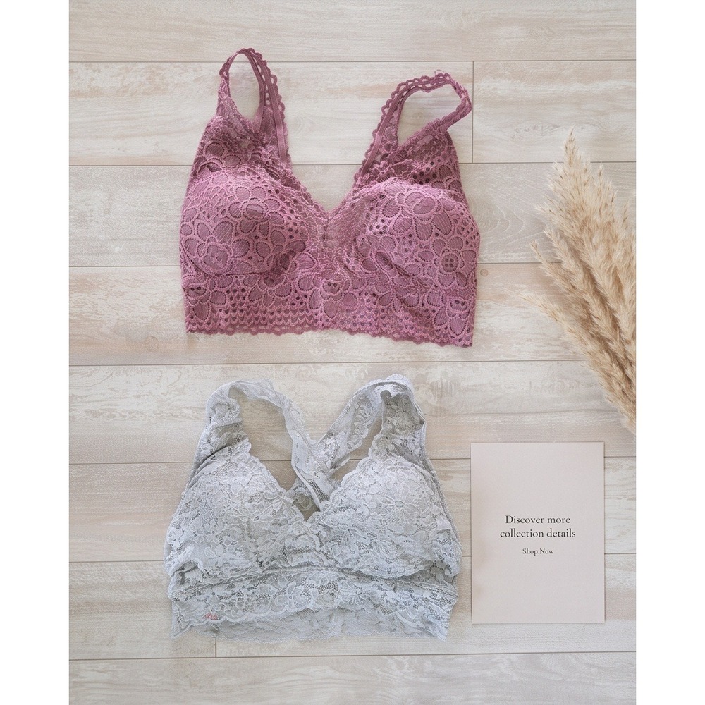 No Boundaries Lot of 2 XL Floral Lace Bralettes Mauve & Silver Gray NWOT